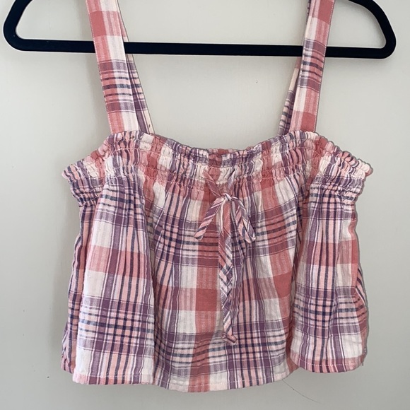 American Eagle crop top plaid small tank shirt smocked stretch‎ soft preppy NEW - Picture 3 of 6